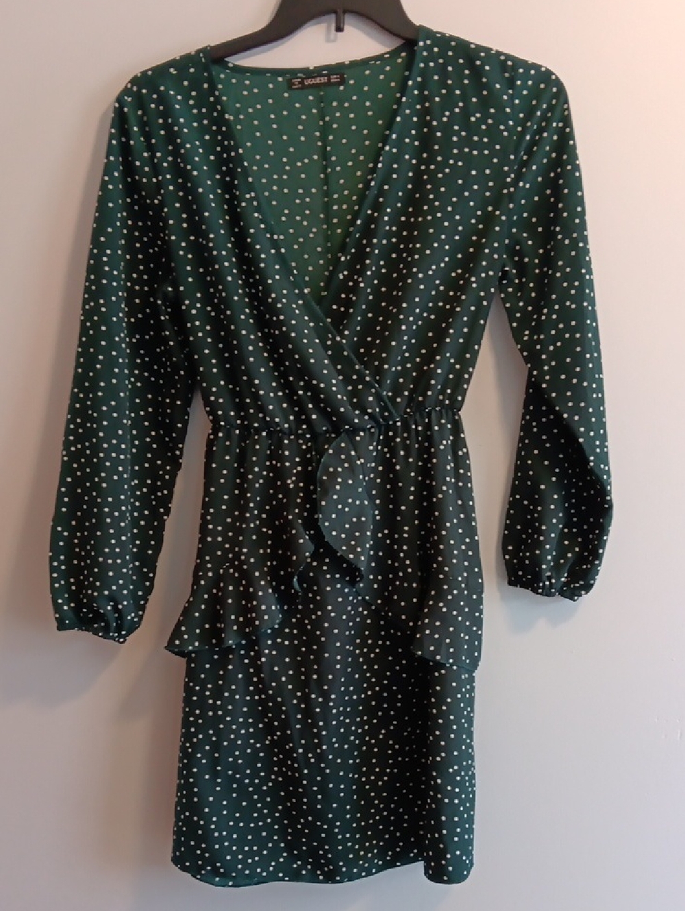 Dark Green Polka Dot Faux-Wrap Long Sleeve Dress UGUEST, V-neck, Boho